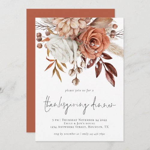 Rustic Fall Florals Terracotta Cream Thanksgiving Invitation