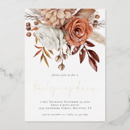 Rustic Fall Florals Terracotta Thanksgiving Real  Foil Invitation