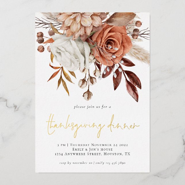 Rustic Fall Florals Terracotta Thanksgiving Real  Foil Invitation (Front)