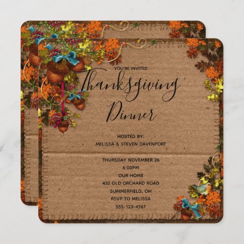 Rustic Fall Flowers  Acorns Thanksgiving Dinner Invitation