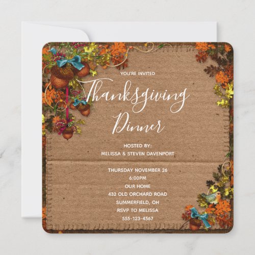 Rustic Fall Flowers  Acorns Thanksgiving Dinner Invitation