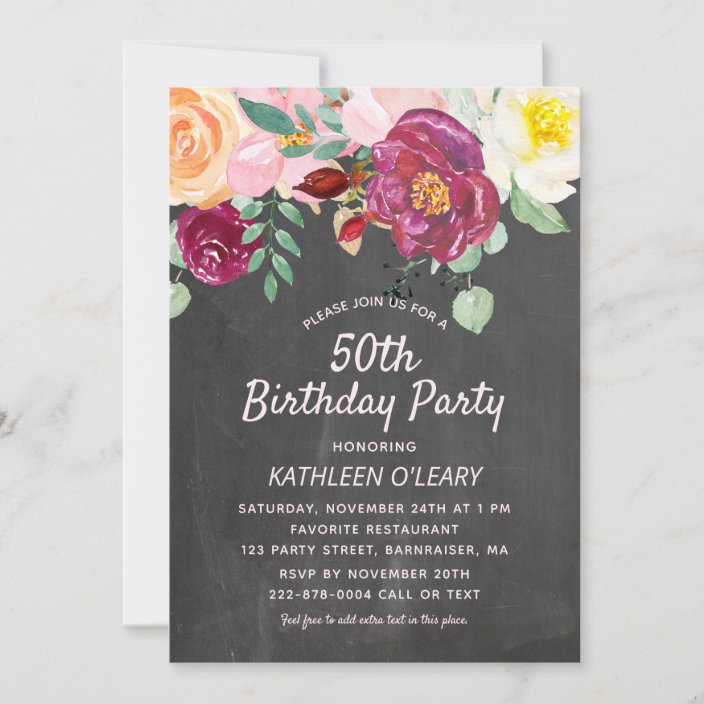 Rustic Fall Flowers Chalkboard 50th Birthday Invitation | Zazzle.com