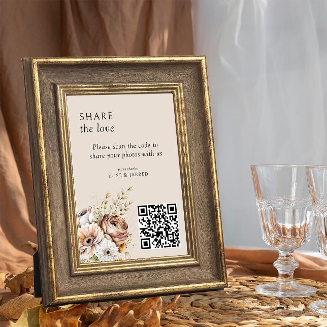 Rustic Fall Flowers QR Code Photo Sharing Card (Photo sharing sign from the Rustic Floral Brown Neutral Wedding Collection by Darling & May)