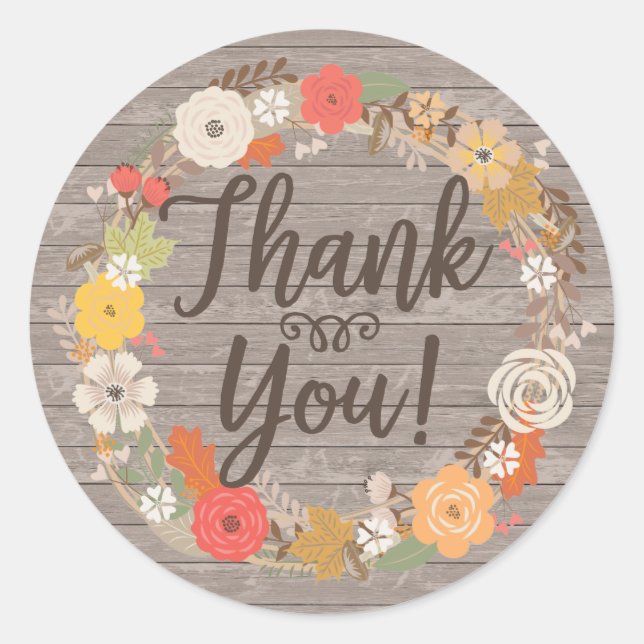 Rustic Fall Flowers Thank You Classic Round Sticker (Front)