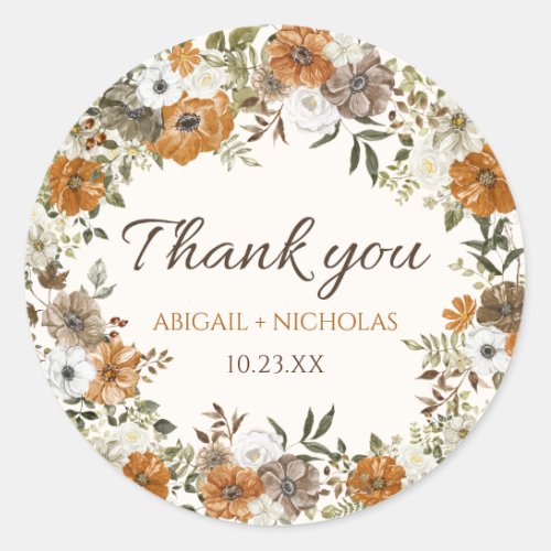 Rustic Fall Flowers Wedding Thank You Classic Round Sticker