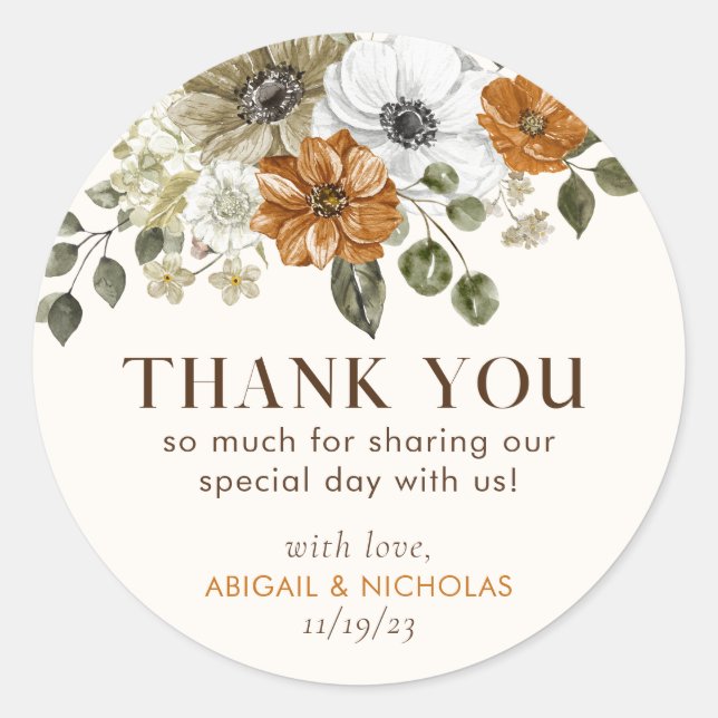 Rustic Fall Flowers Wedding Thank You Welcome bag Classic Round Sticker (Front)