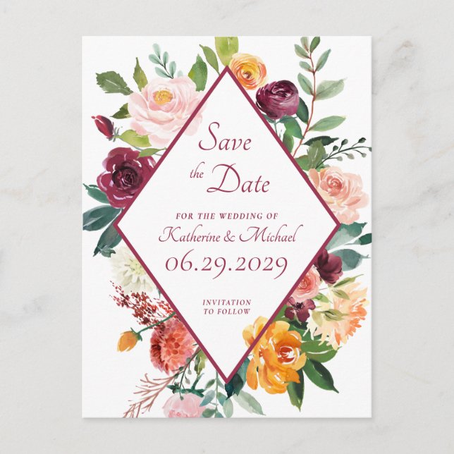 Rustic Fall Flowers Wine Red Save The Date Postcard (Front)