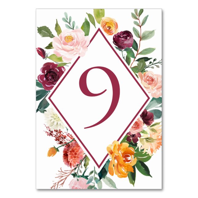 Rustic Fall Flowers Wine Red Table Numbers (Front)
