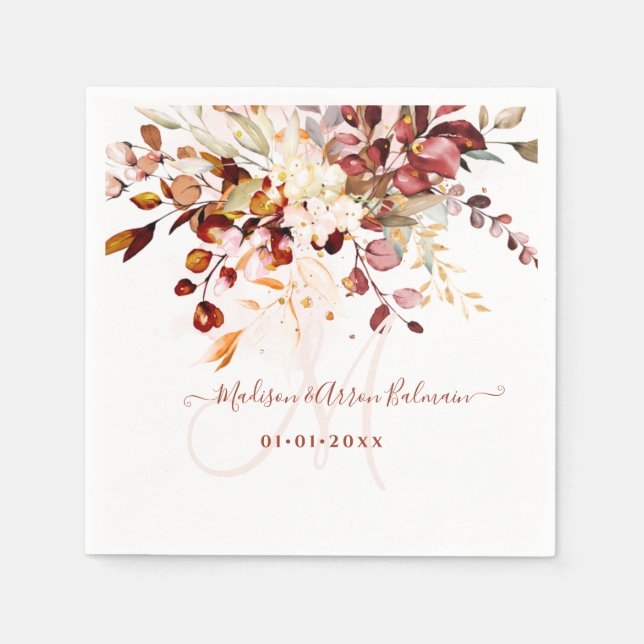 Rustic Fall Foliage Gum Eucalyptus Monogram Napkins (Front)