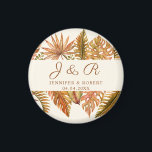 Rustic Fall Foliage Monogram Round Wedding Round Magnet<br><div class="desc">Round wedding magnet featuring watercolor tropical leaves in earthy autumn tones with couple's names and date. A beautiful keepsake or favor to match your rustic celebration theme.</div>