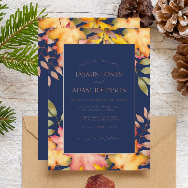 Rustic Fall Foliage Navy Blue Wedding Invitation (Creator Uploaded)