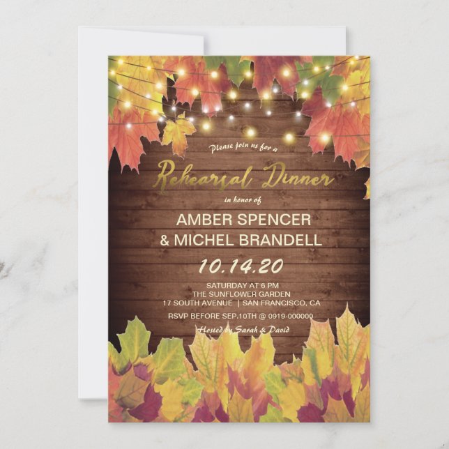 Rustic Fall Foliage Strings Light Rehearsal Dinner Invitation (Front)