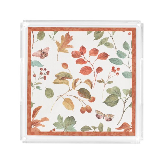 Rustic Fall Foliage Watercolor Pattern Acrylic Tray (Front)