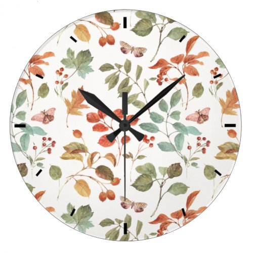 Rustic Fall Foliage Watercolor Pattern Large Clock
