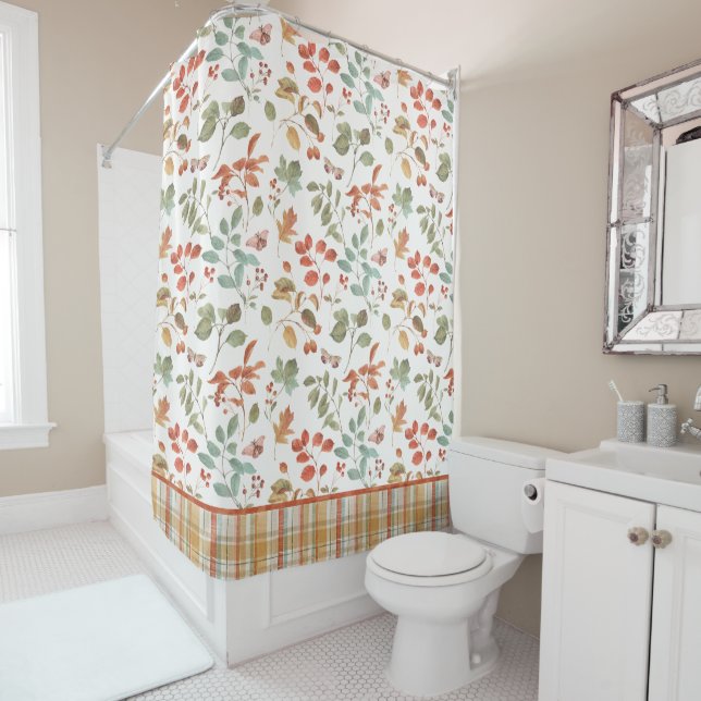 Rustic Fall Foliage Watercolor Pattern Shower Curtain (In Situ)