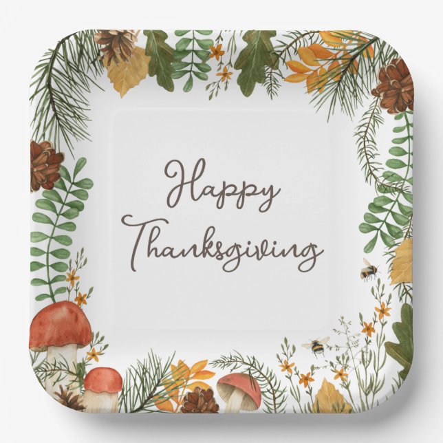 Rustic Fall Forest Mushrooms Leaves Thanksgiving Paper Plates (Front)
