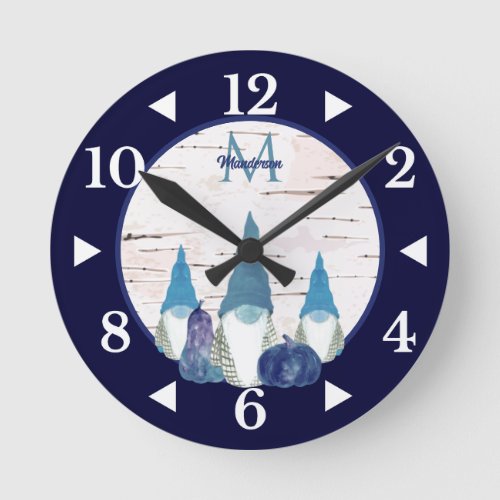 Rustic Fall  Gnome Navy n Dusty Blue pumpkin Round Clock