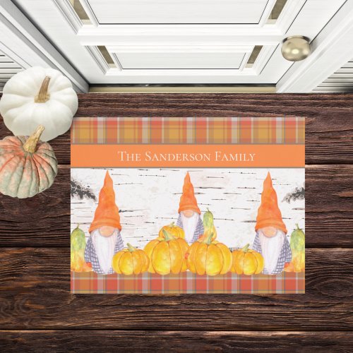 Rustic Fall Gnome orange plaid pumpkin  Doormat