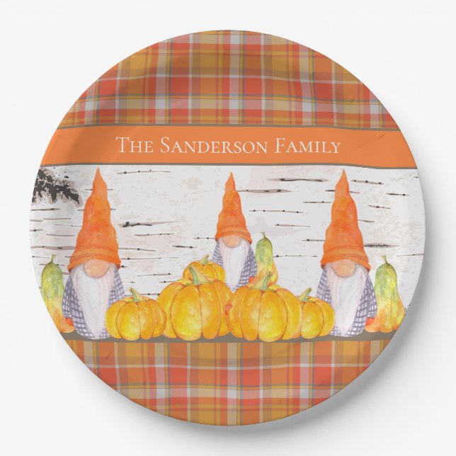 Rustic Fall Gnome orange plaid pumpkin Paper Plates (Front)