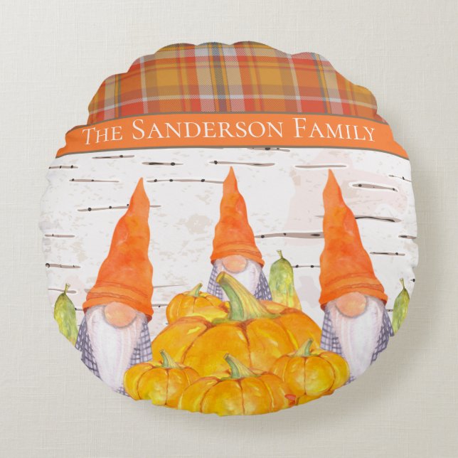 Rustic Fall Gnome orange plaid pumpkin Round Pillow (Front)