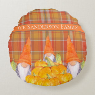 Rustic Fall Gnome pumpkin orange plaid  Round Pillow