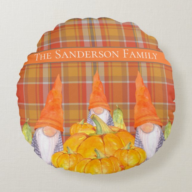 Rustic Fall Gnome pumpkin orange plaid  Round Pillow (Front)