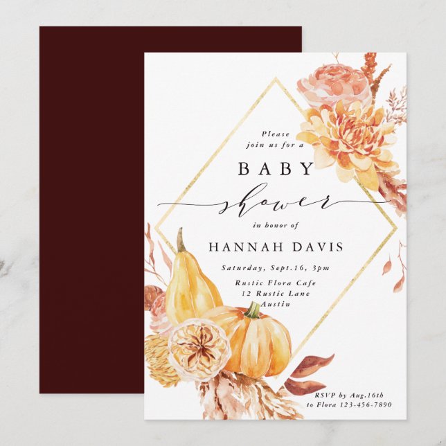 Rustic Fall Gold Floral Pumpkin Baby Shower Invitation (Front/Back)