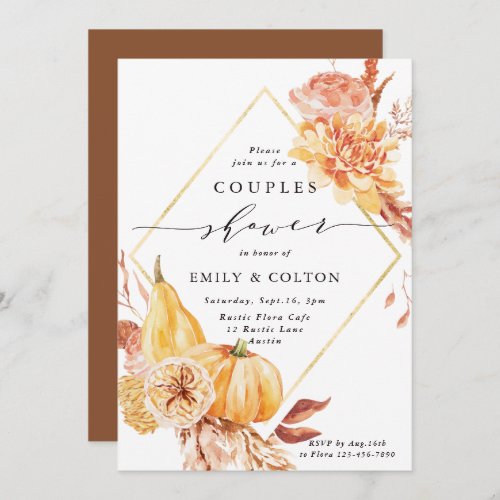 Rustic Fall Gold Floral Pumpkin Couples Shower Invitation