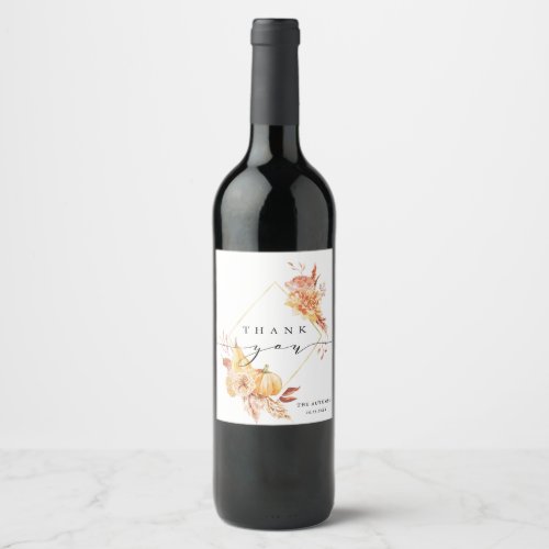 Rustic Fall Gold Floral Pumpkin Custom Thank You Wine Label