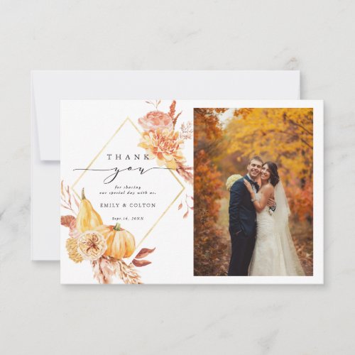Rustic Fall Gold Floral Pumpkin Wedding 2 Photo  Thank You Card