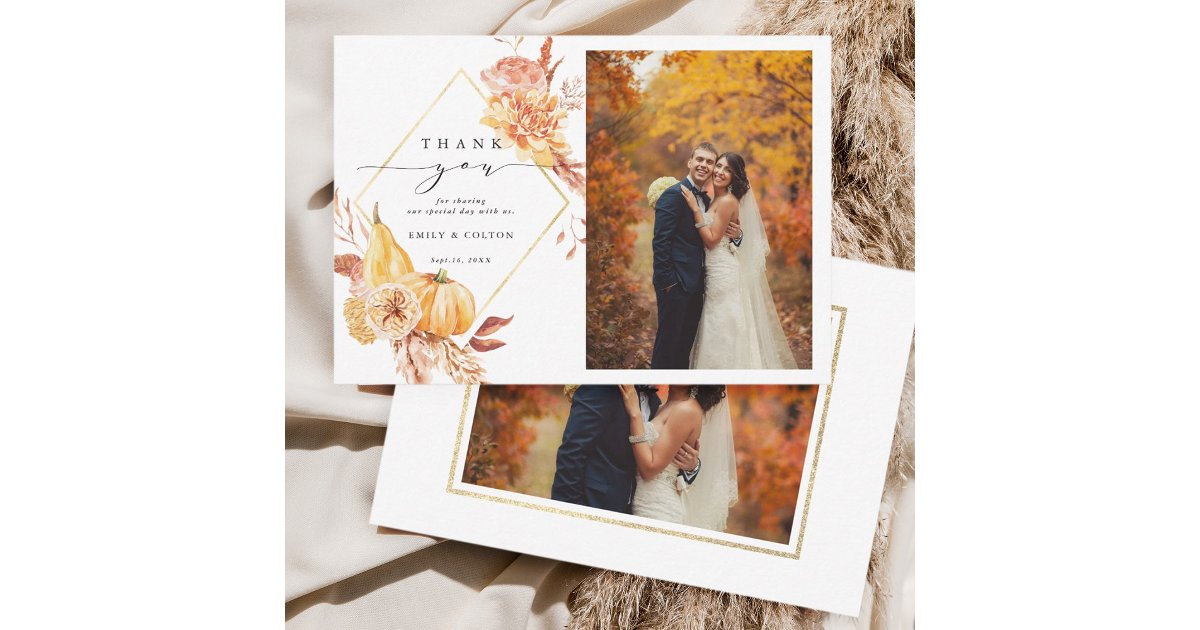 Rustic Fall Gold Floral Pumpkin Wedding 2 Photo Thank You Card | Zazzle