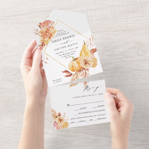 Rustic Fall Gold Floral Pumpkin Wedding All In One Invitation
