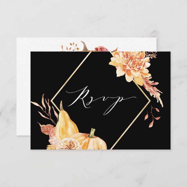 Rustic Fall Gold Floral Pumpkin Wedding Black RSVP Card (Front/Back)