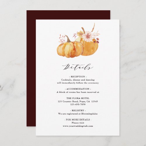 Rustic Fall Gold Floral Pumpkin Wedding Details Enclosure Card