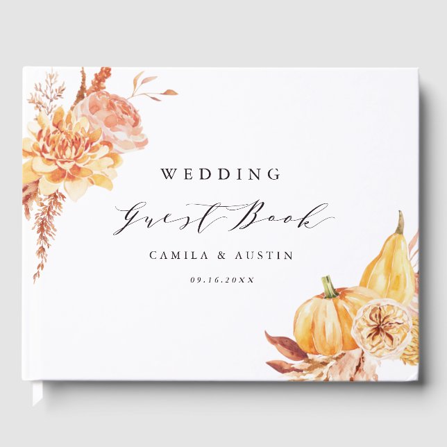 Rustic Fall Gold Floral Pumpkin Wedding Guest Book (Front)