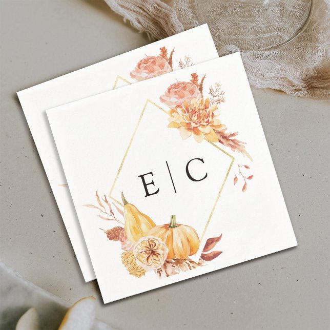 Rustic Fall Gold Floral Pumpkin Wedding Monogram Napkins (Creator Uploaded)