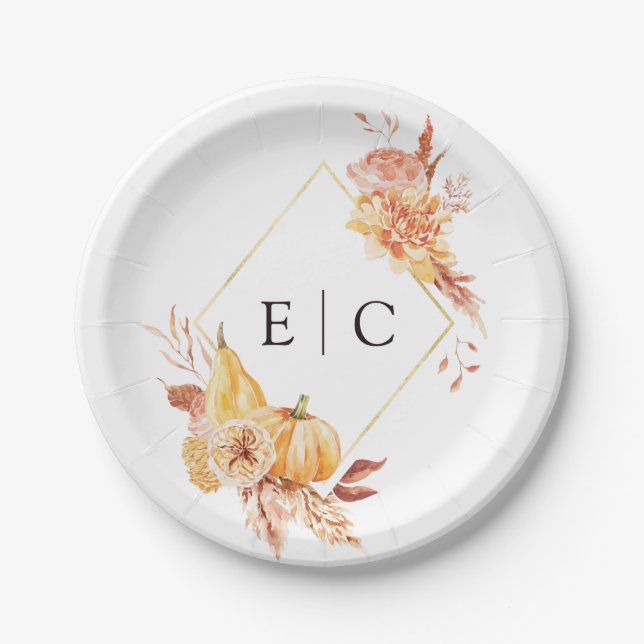 Rustic Fall Gold Floral Pumpkin Wedding Monogram Paper Plates (Front)