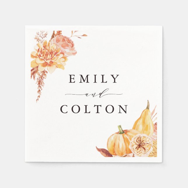 Rustic Fall Gold Floral Pumpkin Wedding Napkins (Front)