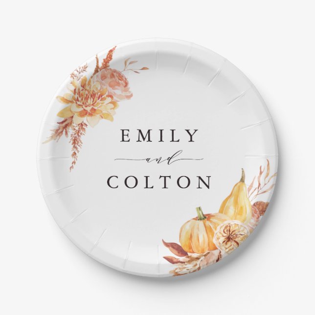 Rustic Fall Gold Floral Pumpkin Wedding Paper Plates (Front)