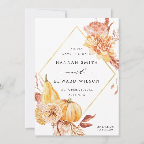 Rustic Fall Gold Floral Pumpkin Wedding Photo Save The Date