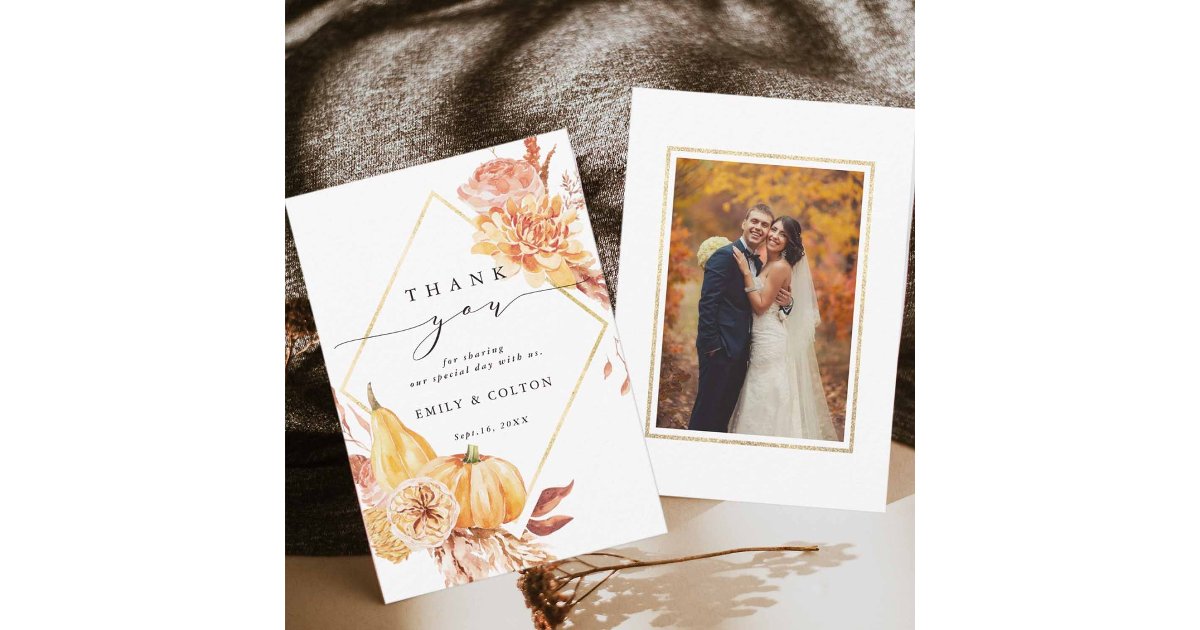 Rustic Fall Gold Floral Pumpkin Wedding Photo Thank You Card | Zazzle