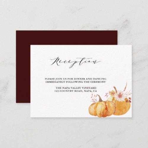 Rustic Fall Gold Floral Pumpkin Wedding Reception  Enclosure Card