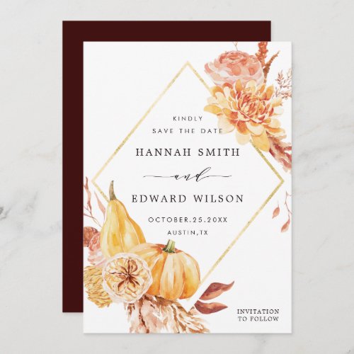 Rustic Fall Gold Floral Pumpkin Wedding Save The Date