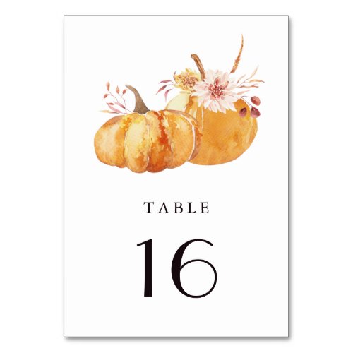 Rustic Fall Gold Floral Pumpkin Wedding  Table Number