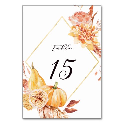 Rustic Fall Gold Floral Pumpkin Wedding Table Number