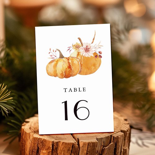 Rustic Fall Gold Floral Pumpkin Wedding  Table Number