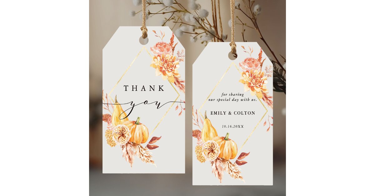 Rustic Fall Gold Floral Pumpkin Wedding Thank You Gift Tags | Zazzle