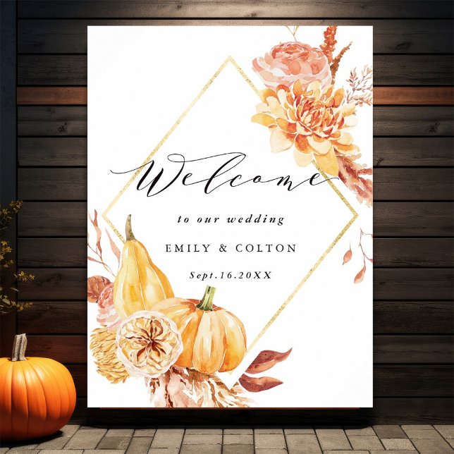 Rustic Fall Gold Floral Pumpkin Wedding Welcome  Foam Board (Creator Uploaded)