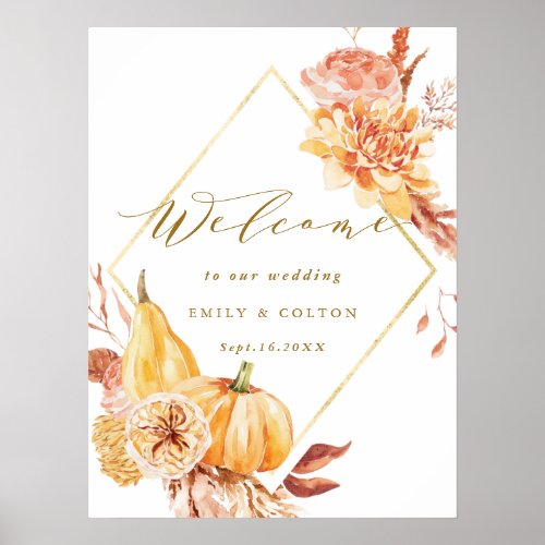 Rustic Fall Gold Floral Pumpkin Wedding Welcome  Poster