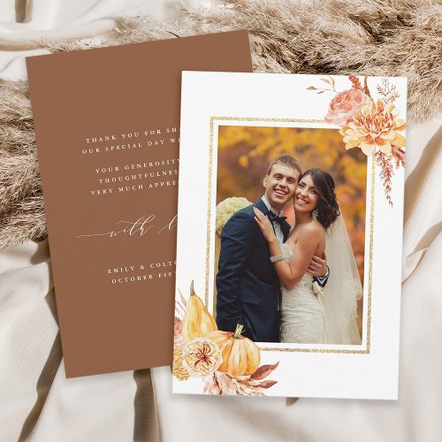Rustic Fall Gold Floral Watercolor Wedding Photo Thank You Card